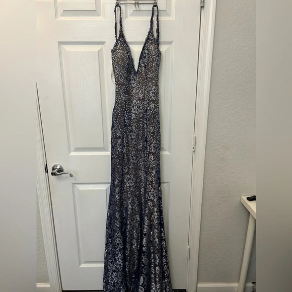 ! JOVANI  06438 Metallic Lace Prom Dress blue - Picture 3 of 7